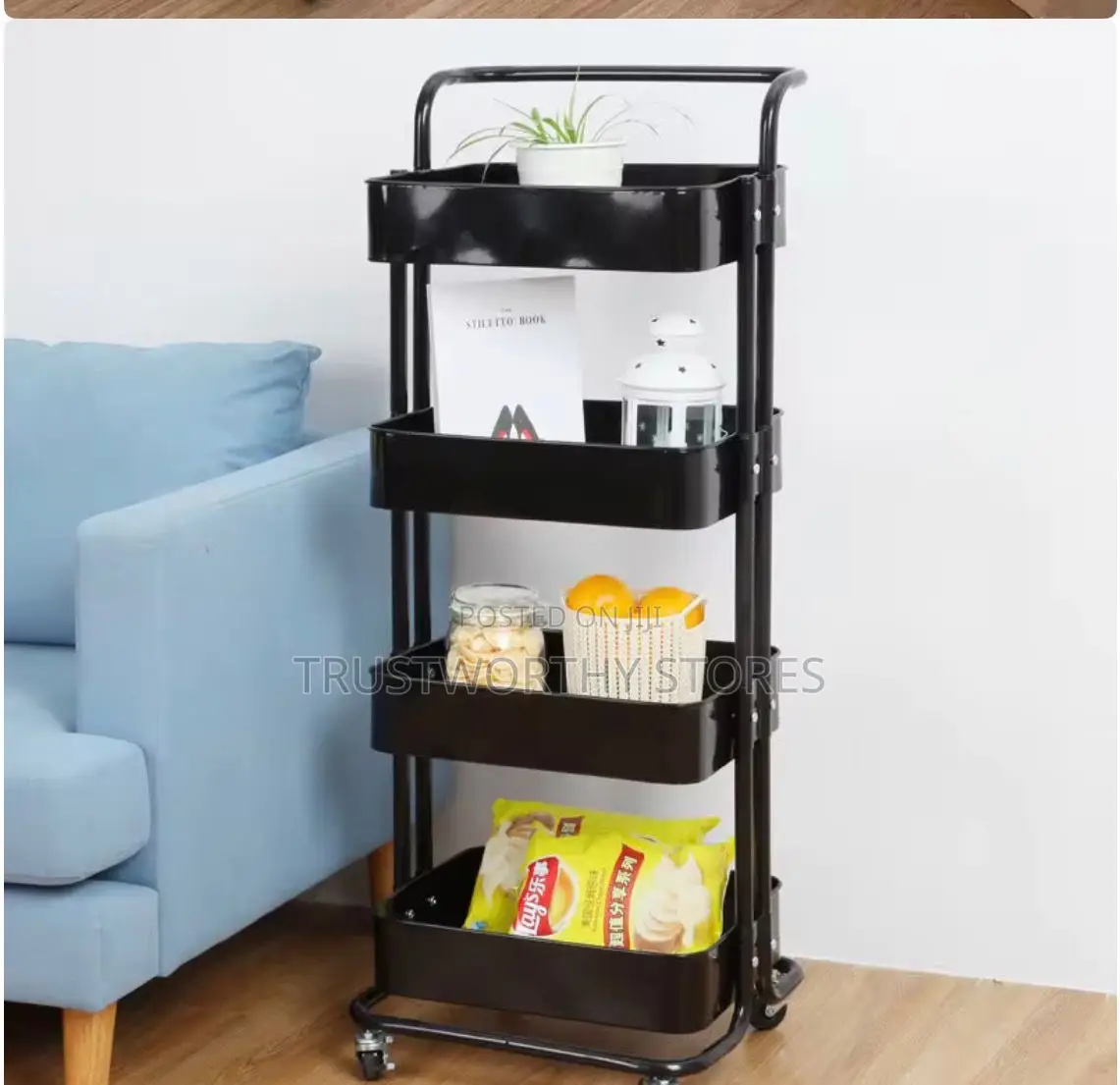 4 Layers Metallic Rolling Organizer With a Handle and Mesh Baskets