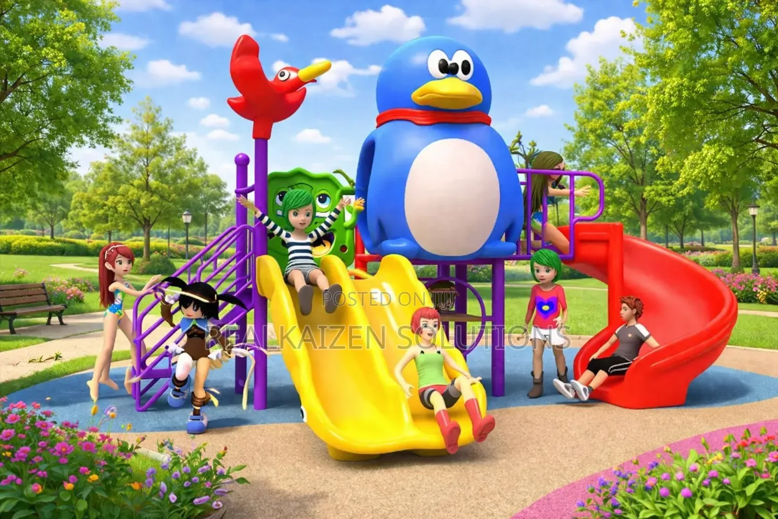 Outdoor Penguin Playhouse Multi Slide Playground Equipment Set