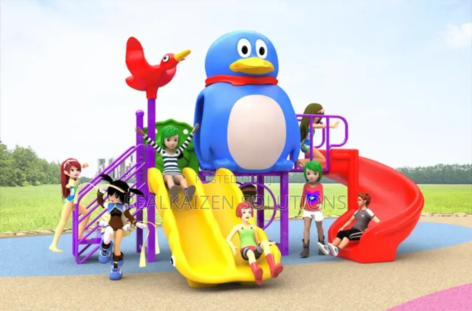 Outdoor Penguin Playhouse Multi Slide Playground Equipment Set