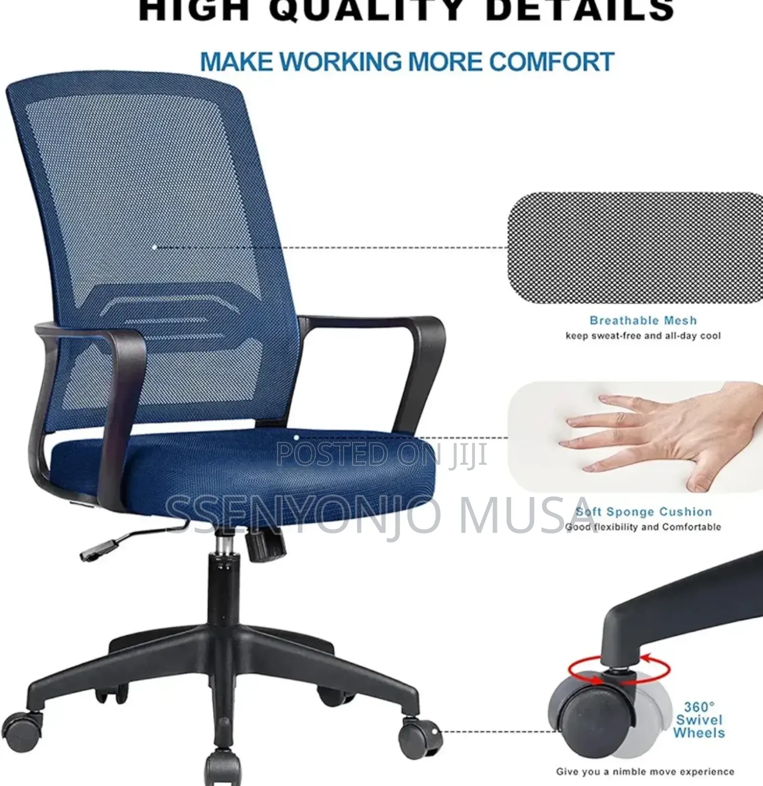Office Chair With Mesh Backrest - Adjustable Height, Swivel