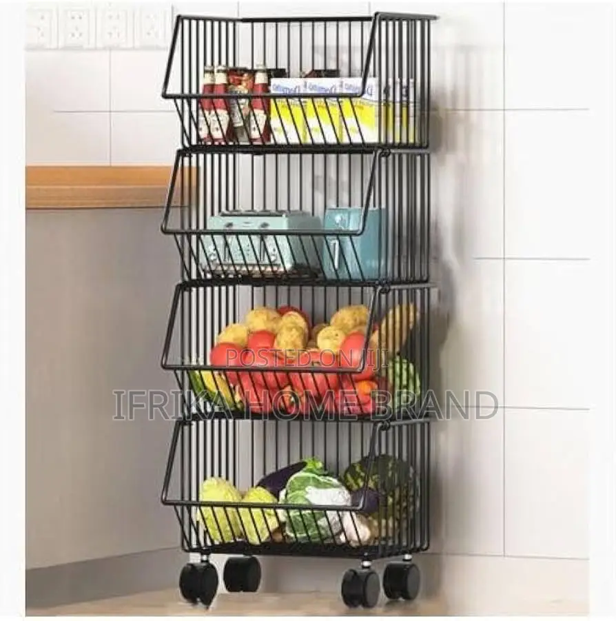 Kitchen Trolley Vegetable Basket, Multi Tier Rolling Wheels, 4 Shelves