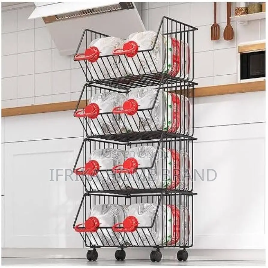 Kitchen Trolley Vegetable Basket, Multi Tier Rolling Wheels, 4 Shelves