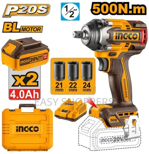 Ingco 20v Brushless Cordless Impact Wrench 500nm 2pcs Battery Charger