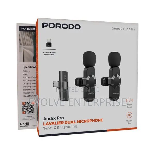 Porodo Audix Pro Lavalier Dual Microphone Type-C Lightning