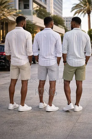 Men's Striped Button-Down Linen Shirt and Shorts Wear