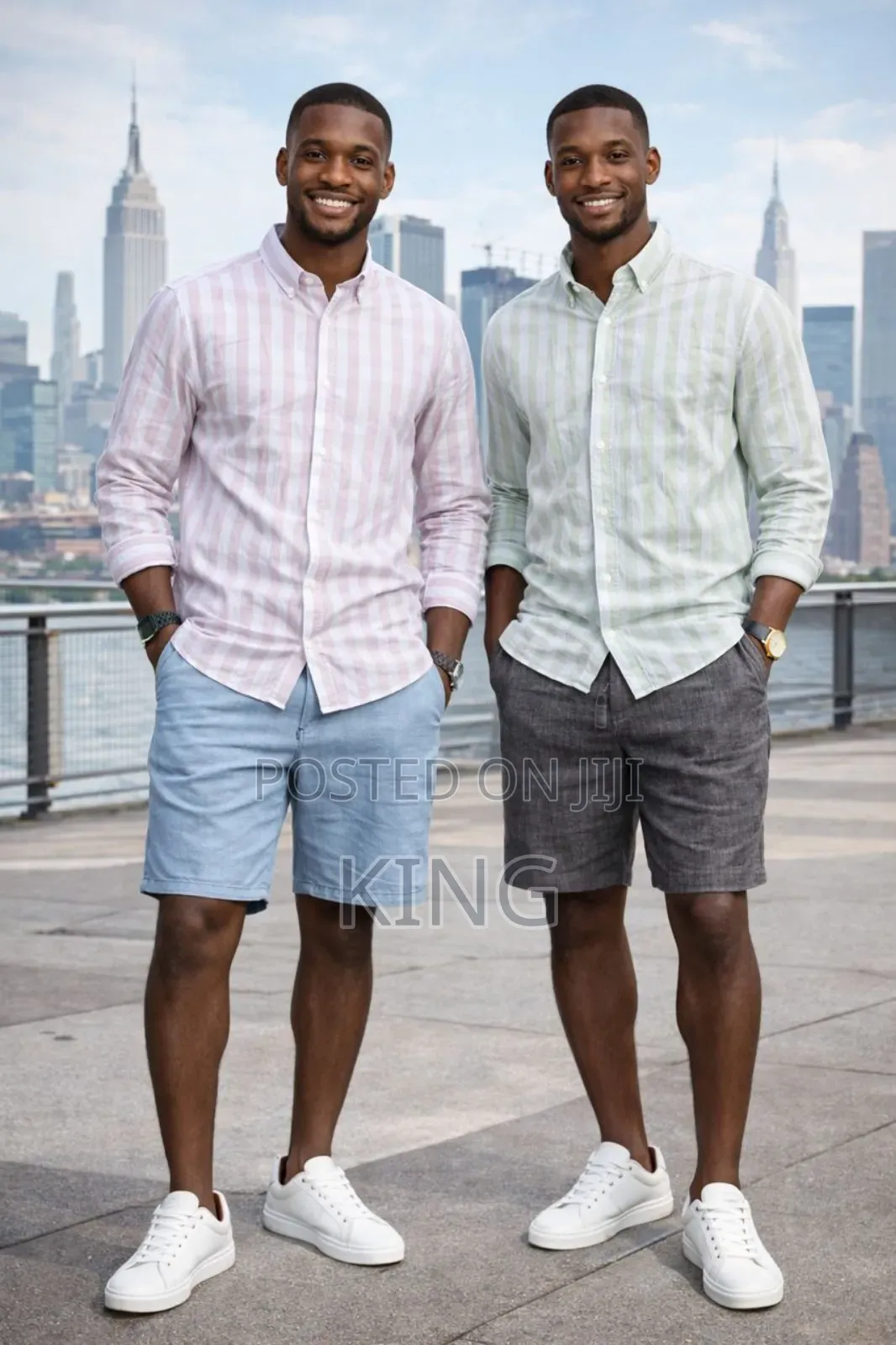 Men's Striped Button-Down Linen Shirt and Shorts Wear