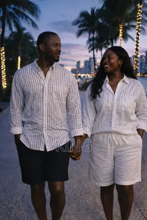 Men's Striped Button-Down Linen Shirt and Shorts Wear