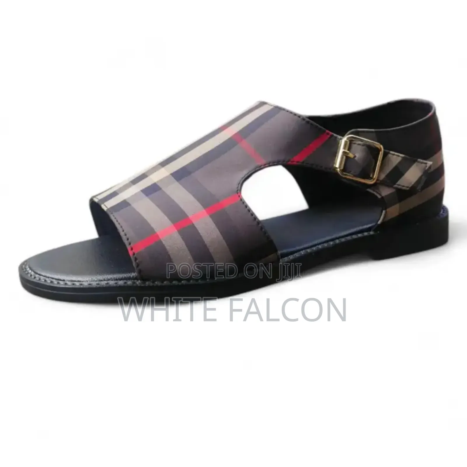 Burberry Plaid Fabric-Leather Slide-on Sandal With Rubber Sole