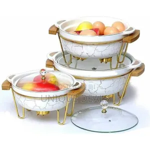 3pcs Ceramic Food Warmer Chafing Dish Casseroles for Food Service.