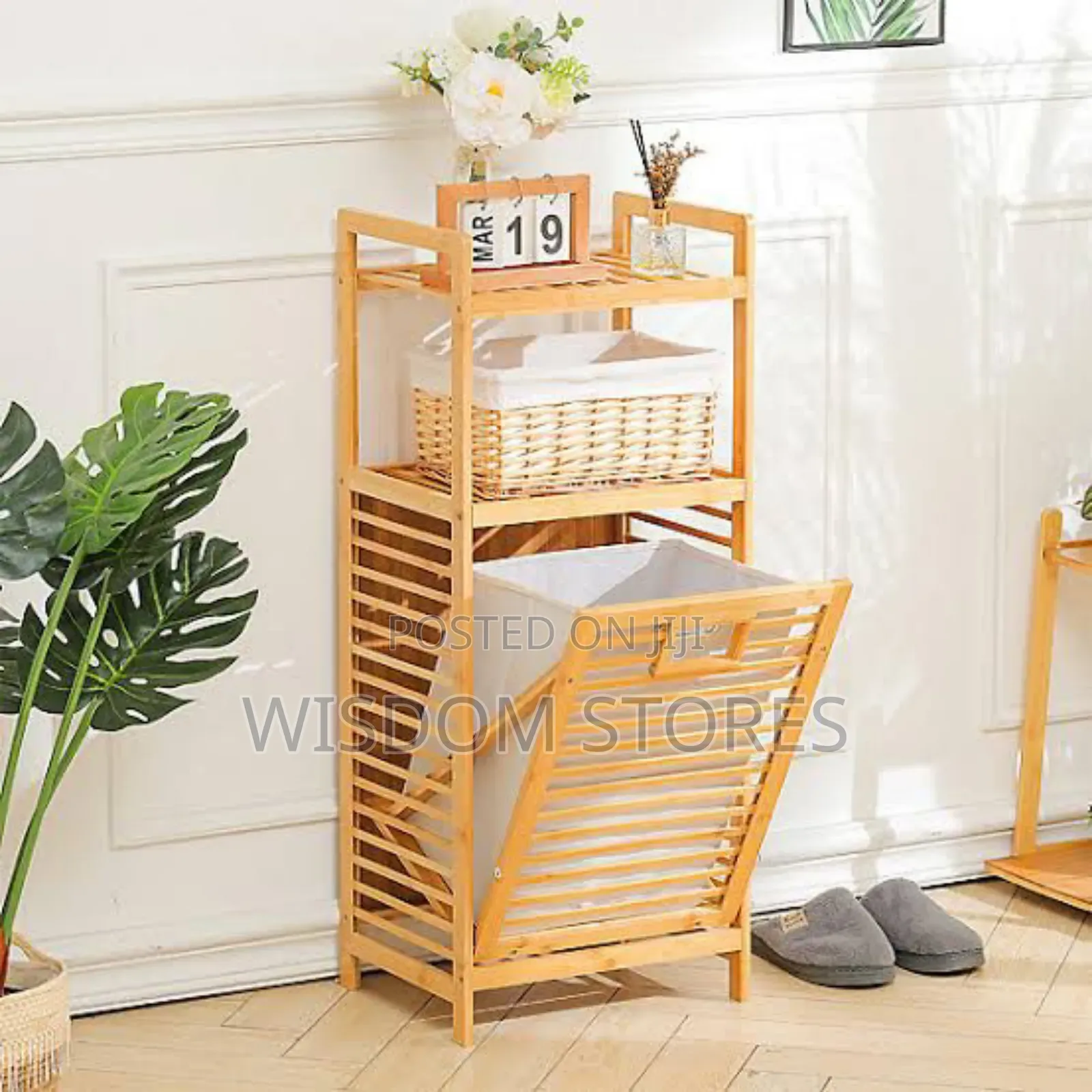 Tilt-Out Bamboo Laundry Hamper With Integrated Storage Shelves.