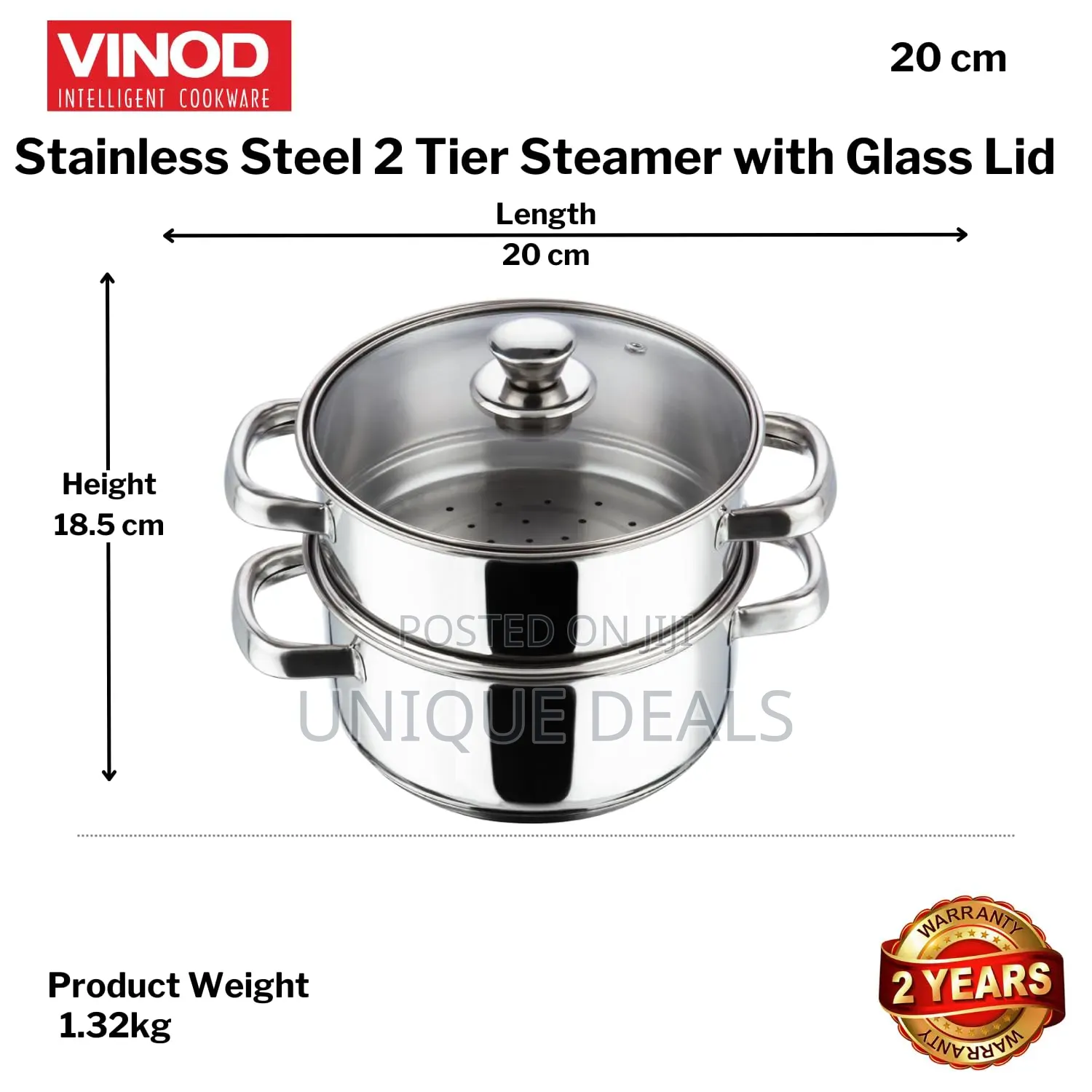 Stainless Steel 2 Tier Steamer With Glass Lid 24 Cm
