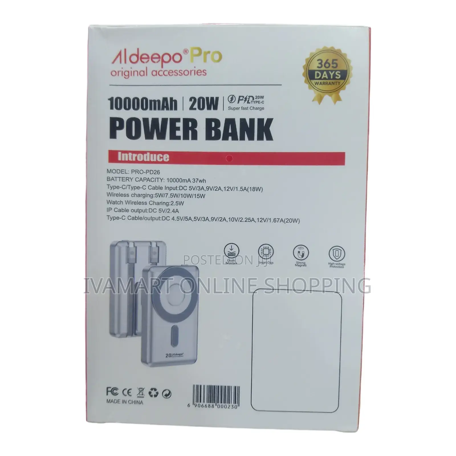 Aldeepo 10,000mah Magnetic Power Bank (20w Fast Charge)
