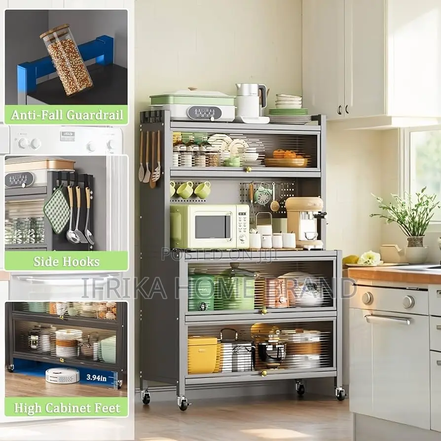 Kitchen Pantry Storage Cabinet, 5-Tier Metal Sideboard With Wheels