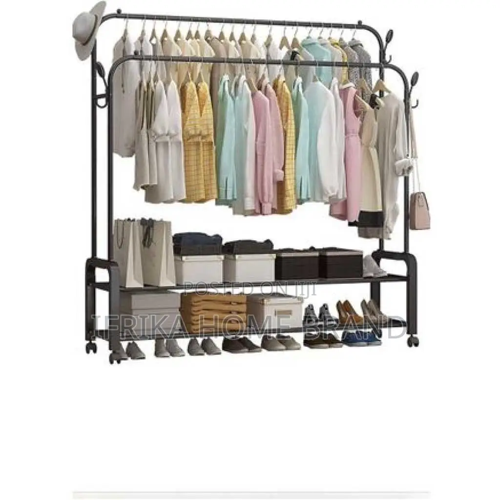 Carbon Steel Double Pole Coat Rack Indoor Bedroom Clothes Drying
