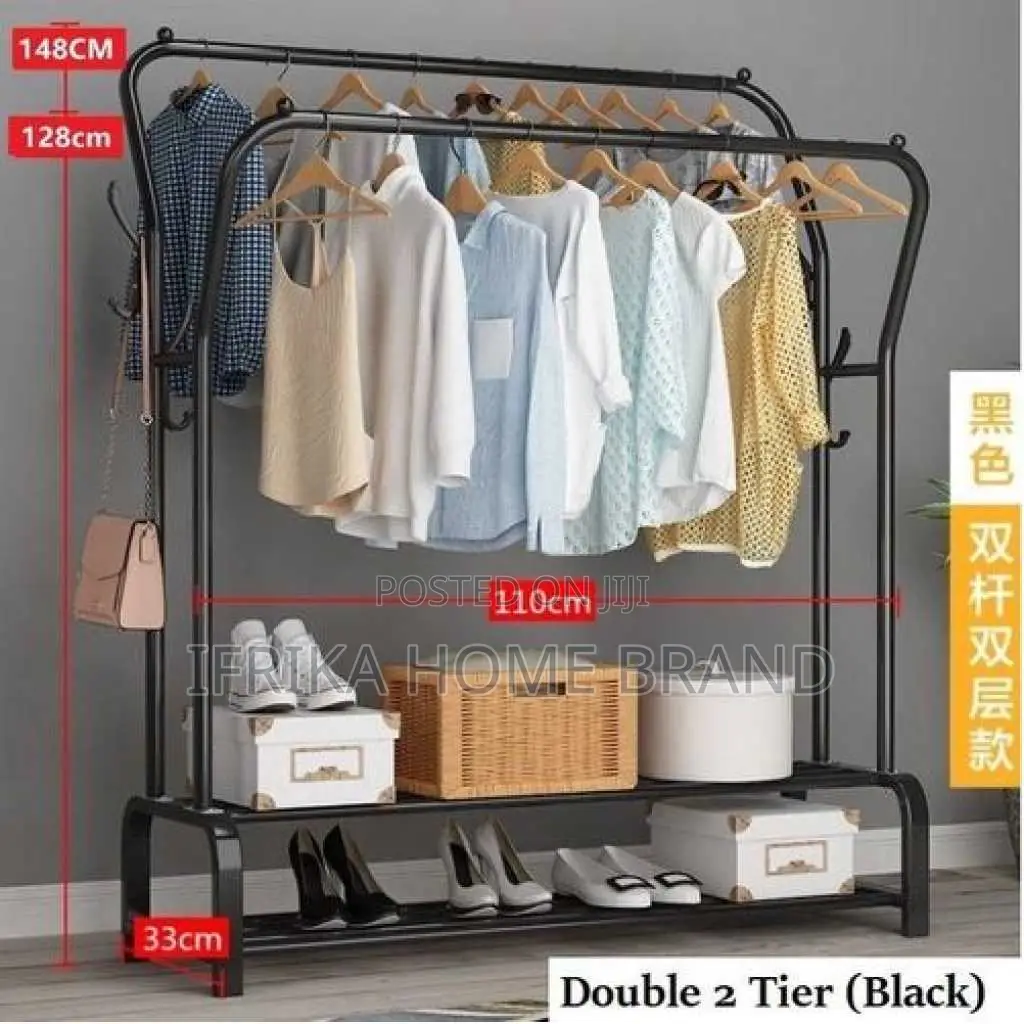 Carbon Steel Double Pole Coat Rack Indoor Bedroom Clothes Drying