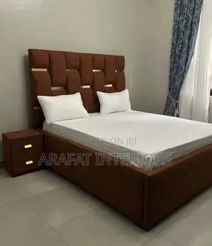 Modern Brown Upholstered Bed With Gold Accents