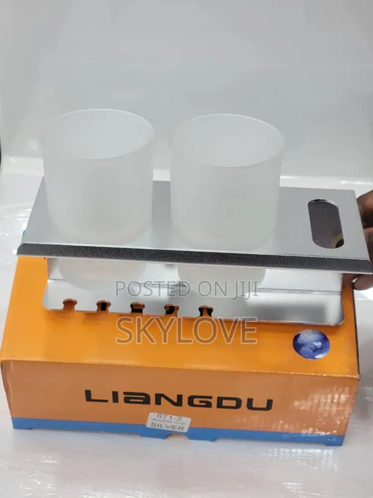 Brand New Double Toothbrush Holder +2 Glass Cups | Black and Silver