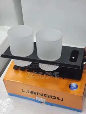Brand New Double Toothbrush Holder +2 Glass Cups | Black and Silver