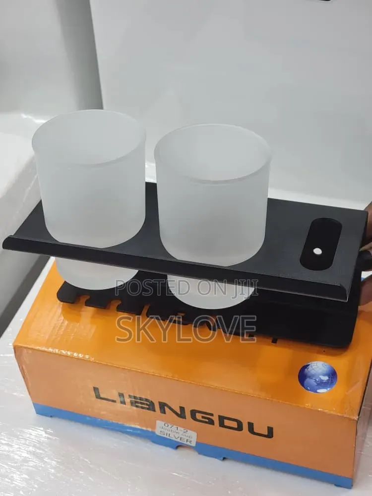 Brand New Double Toothbrush Holder +2 Glass Cups | Black and Silver