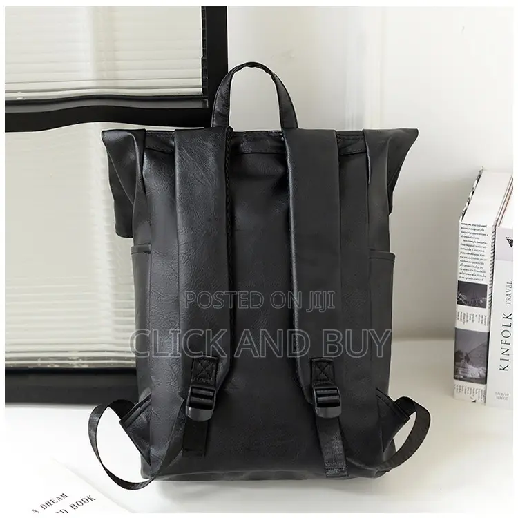 Vintage Roll-Top Pu Leather Backpack/Laptop Bag - Black