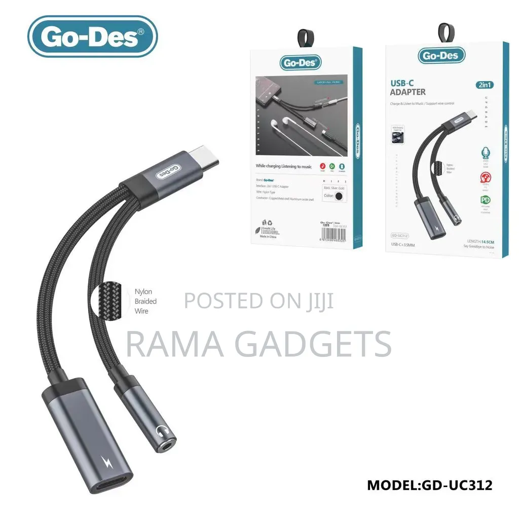 Go-Des 2 in 1 Type C Male Audio Cable to 3.5mm Female Earphone Jack