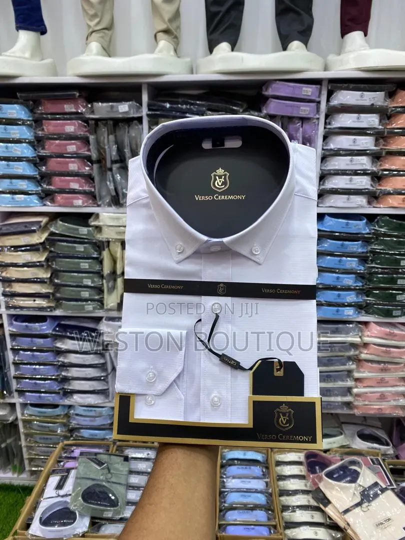 White Men's Long Sleeve Shirt With Black Button