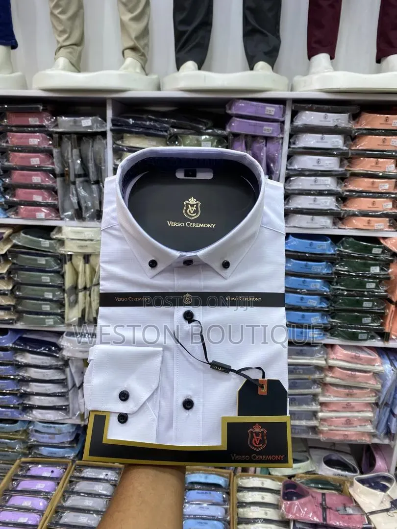 White Men's Long Sleeve Shirt With Black Button