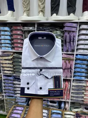 White Men's Long Sleeve Shirt With Black Button