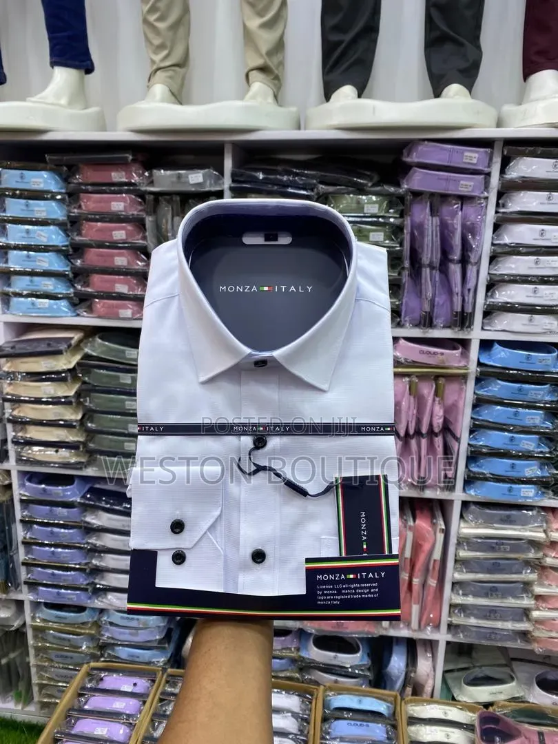 White Men's Long Sleeve Shirt With Black Button