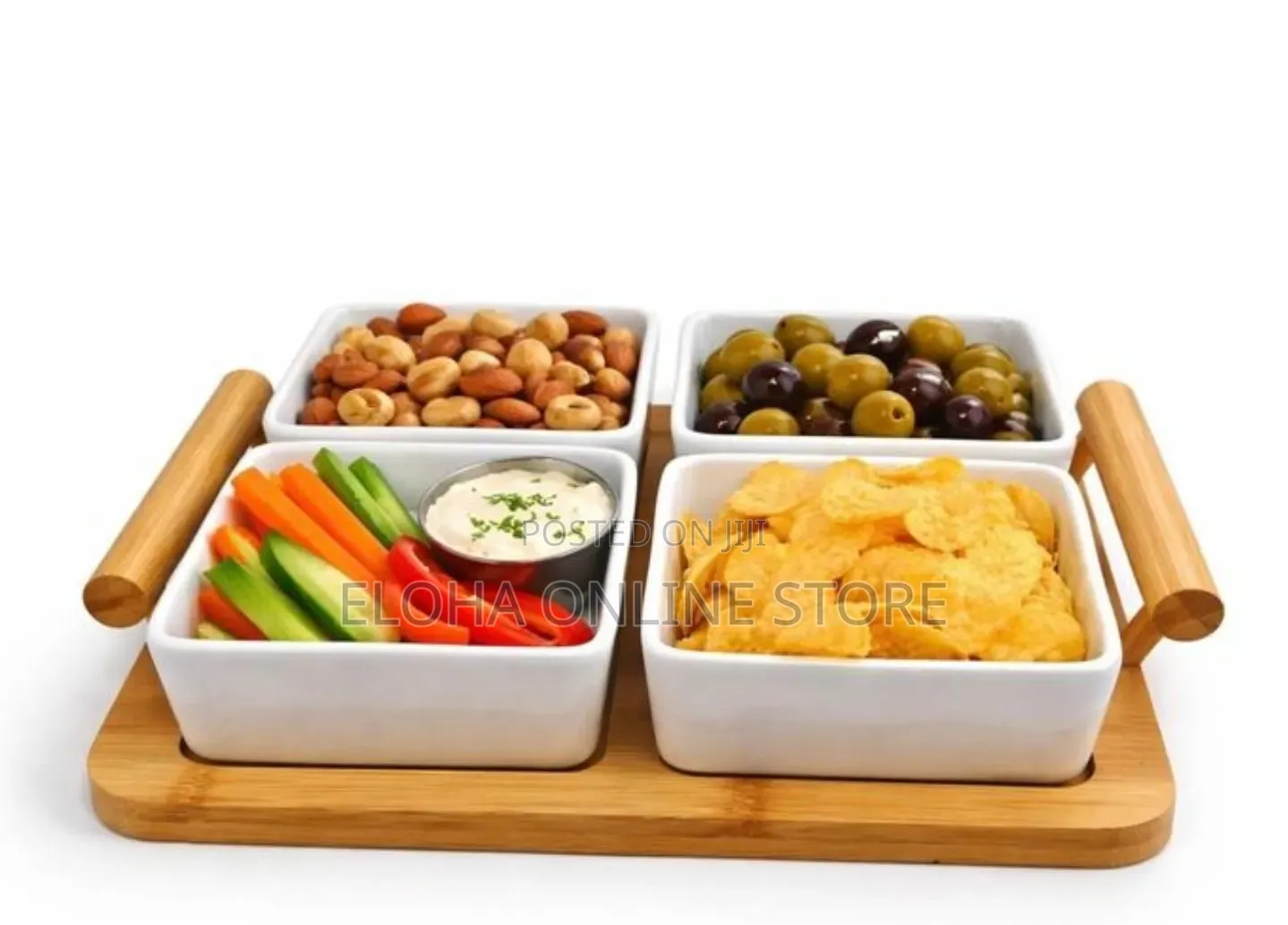 Ceramic Divided Serving Dishes and Bamboo Tray