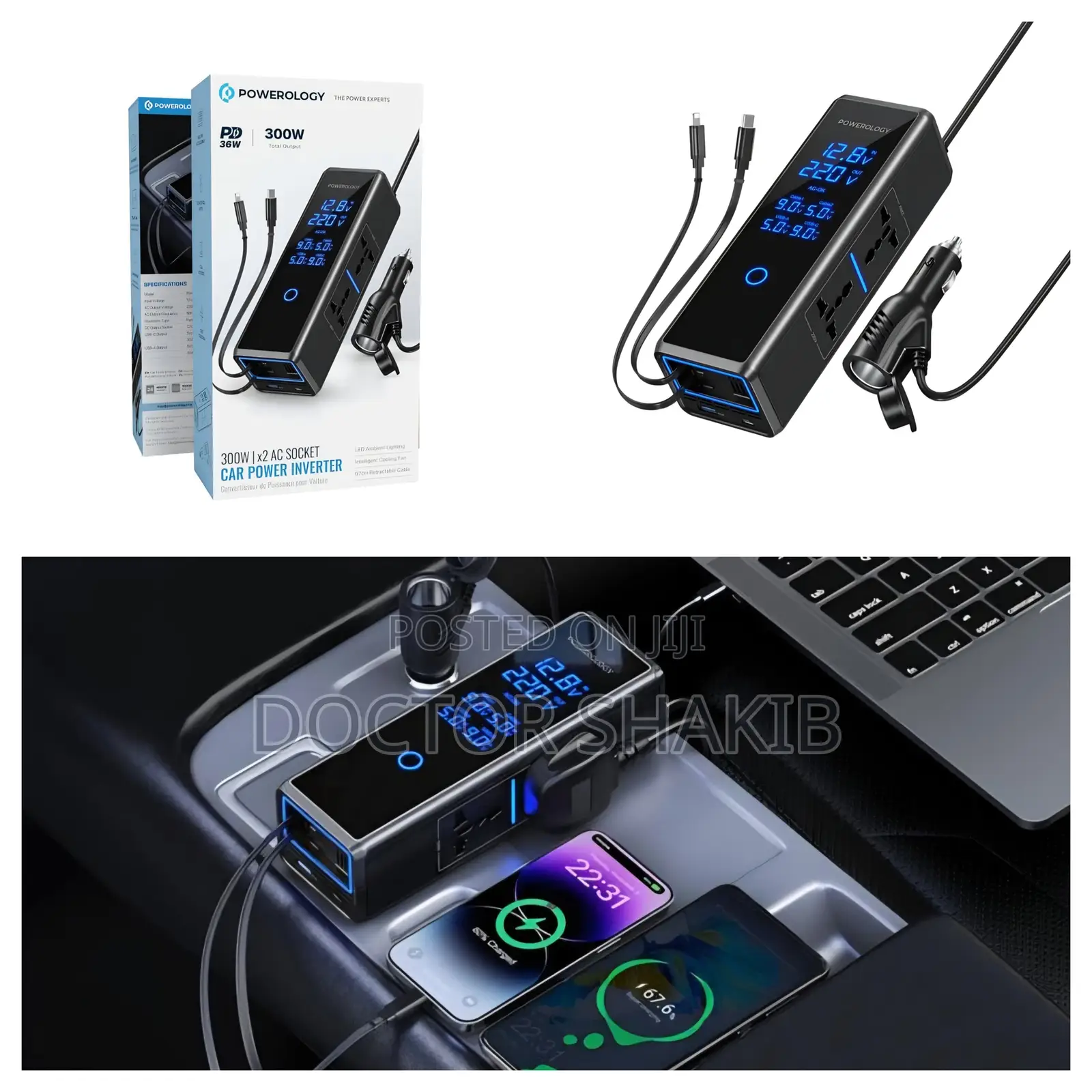Powerology 300w Car Power Inverter Dc 12v To 220v Ac