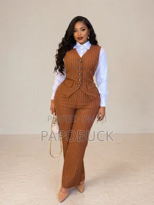 Women's Striped Print Button-Front Vest and Pants Set.