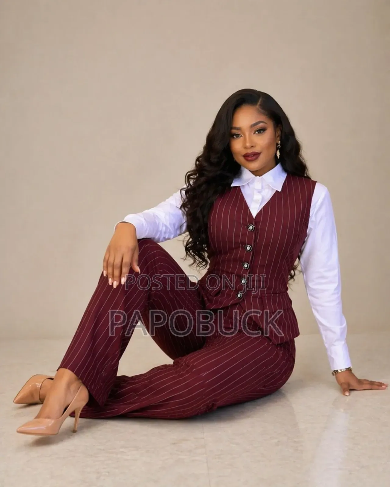 Women's Striped Print Button-Front Vest and Pants Set.