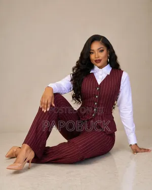 Women's Striped Print Button-Front Vest and Pants Set.