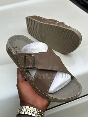 Polex Men’S Cross Buckle Genuine Leather and Rubber Sole Open Sandals