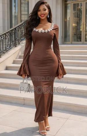 Long-Sleeve Maxi Dress With a Jewel-Embellished Neckline