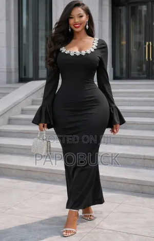 Long-Sleeve Maxi Dress With a Jewel-Embellished Neckline