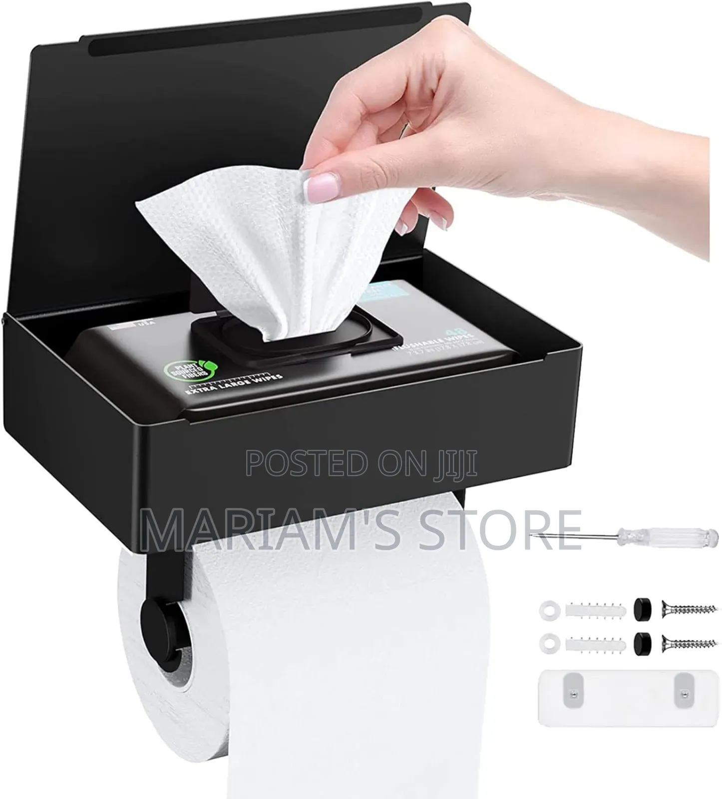 Black Toilet Paper Holder With a Storage Compartment for Wet Wipes.