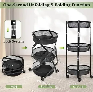 3 Tier Round Foldable Rolling Utility Storage Cart