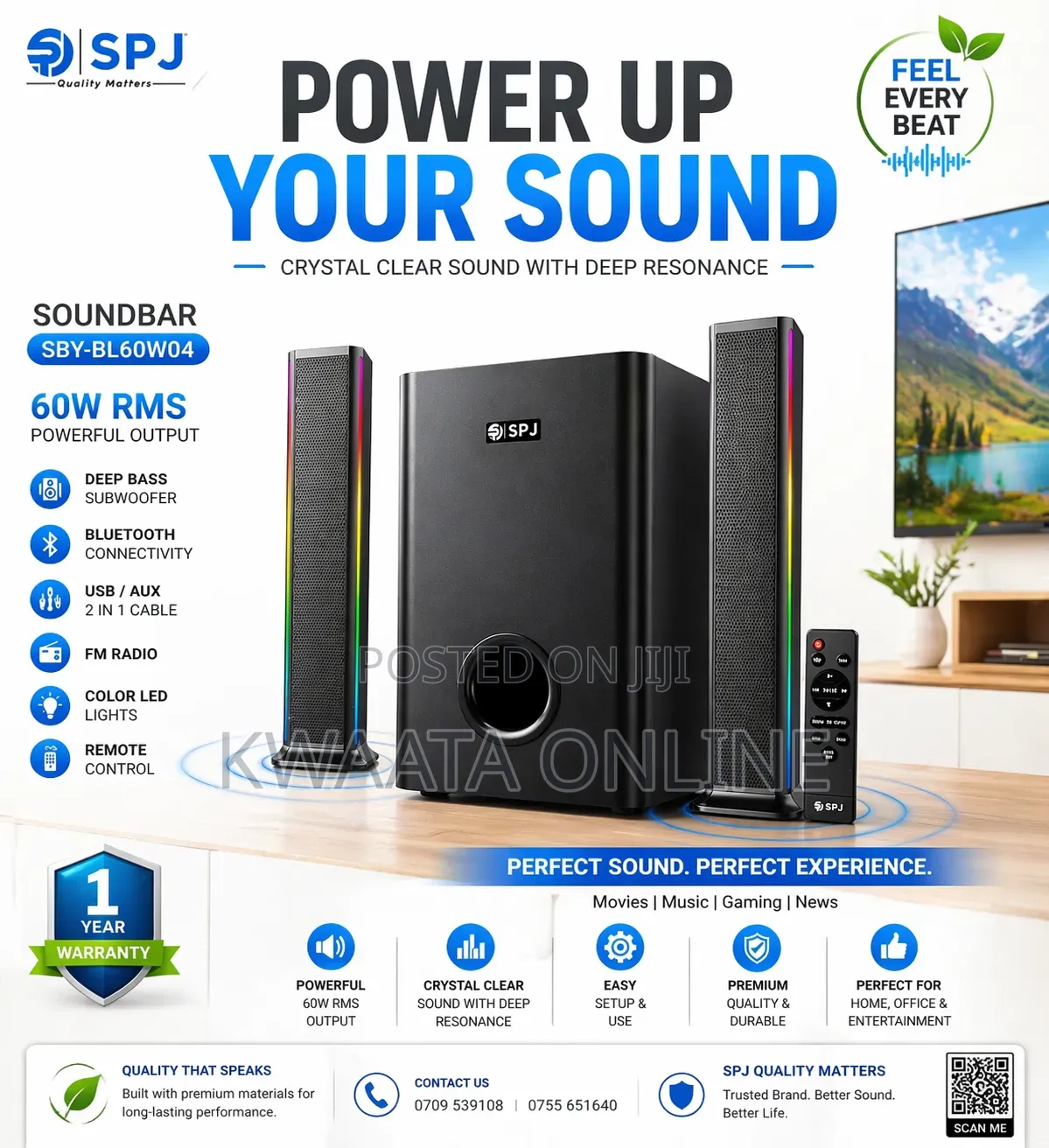 Spj Soundbar 60w Subwoofer 2-in-1 With Usb/Aux Home Theater System