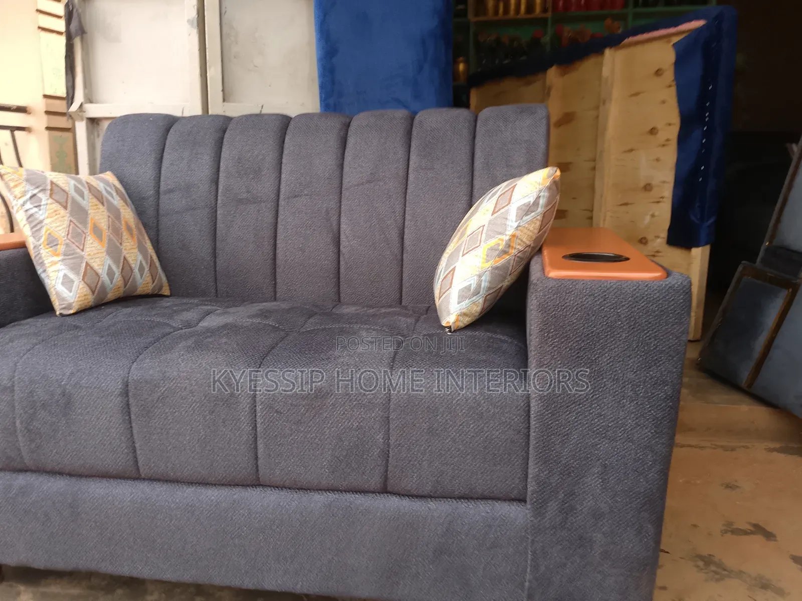 Luxury 2 Seater Sofa, Dark Grey With Cupbolders