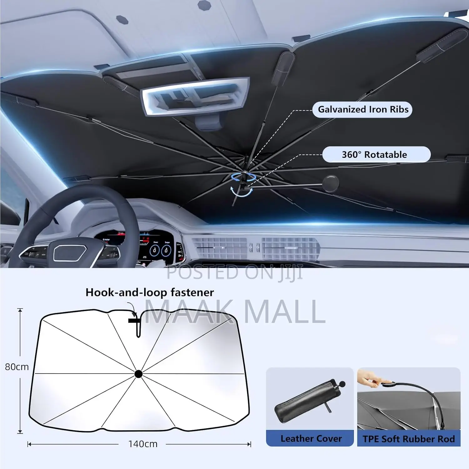Car Windshield Sunshade Umbrella, 360° Bendable 10-Rib Fiberglass