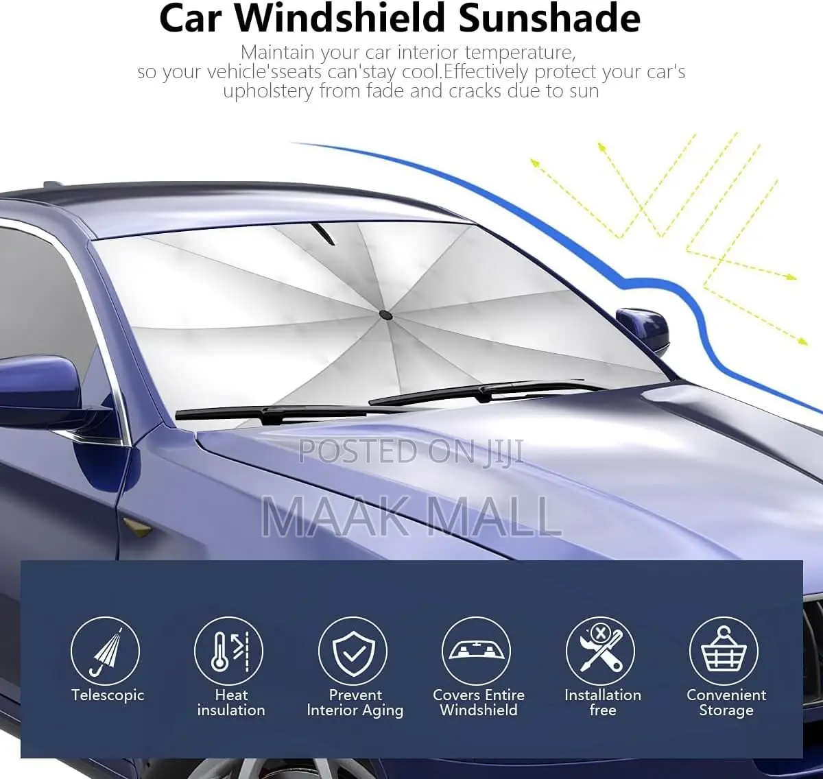 Car Windshield Sunshade Umbrella, 360° Bendable 10-Rib Fiberglass