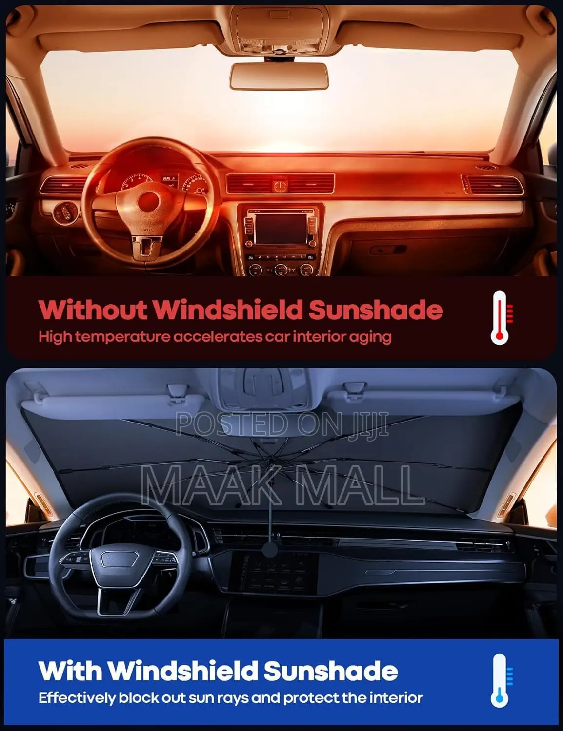 Car Windshield Sunshade Umbrella, 360° Bendable 10-Rib Fiberglass
