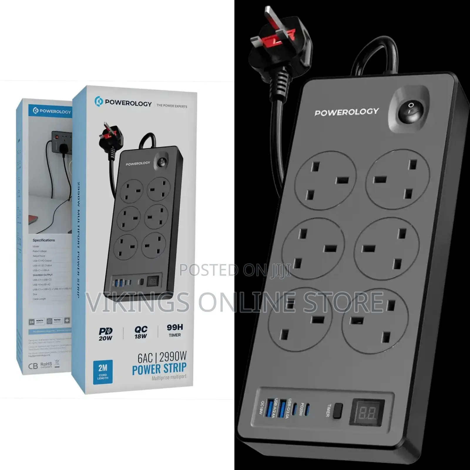 Powerology 6ac 2990w Power Strip Pd 20w - Black