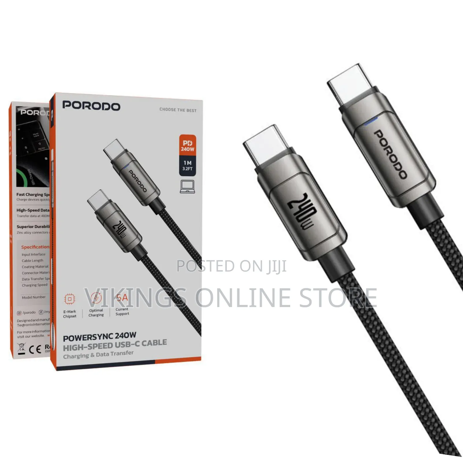 Porodo Powersync 240w High-Speed Usb-C to Usb-C Cable, 1m Cable Length