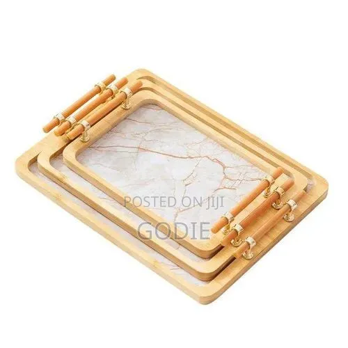 3pcs Luxury Bamboo Serving Tray Set With Faux Marble Base.