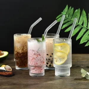 4 PCS Ribbed Glassware Sets With Glass Straws