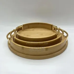 3 Piece Portable Round Fruit Bamboo Serving Tray With Metal Handles