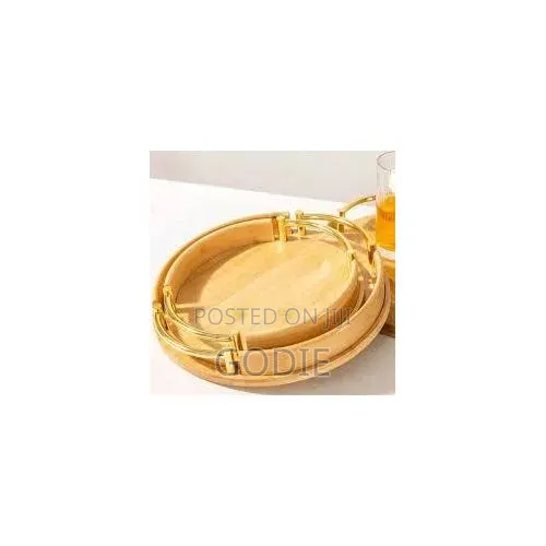 3 Piece Portable Round Fruit Bamboo Serving Tray With Metal Handles